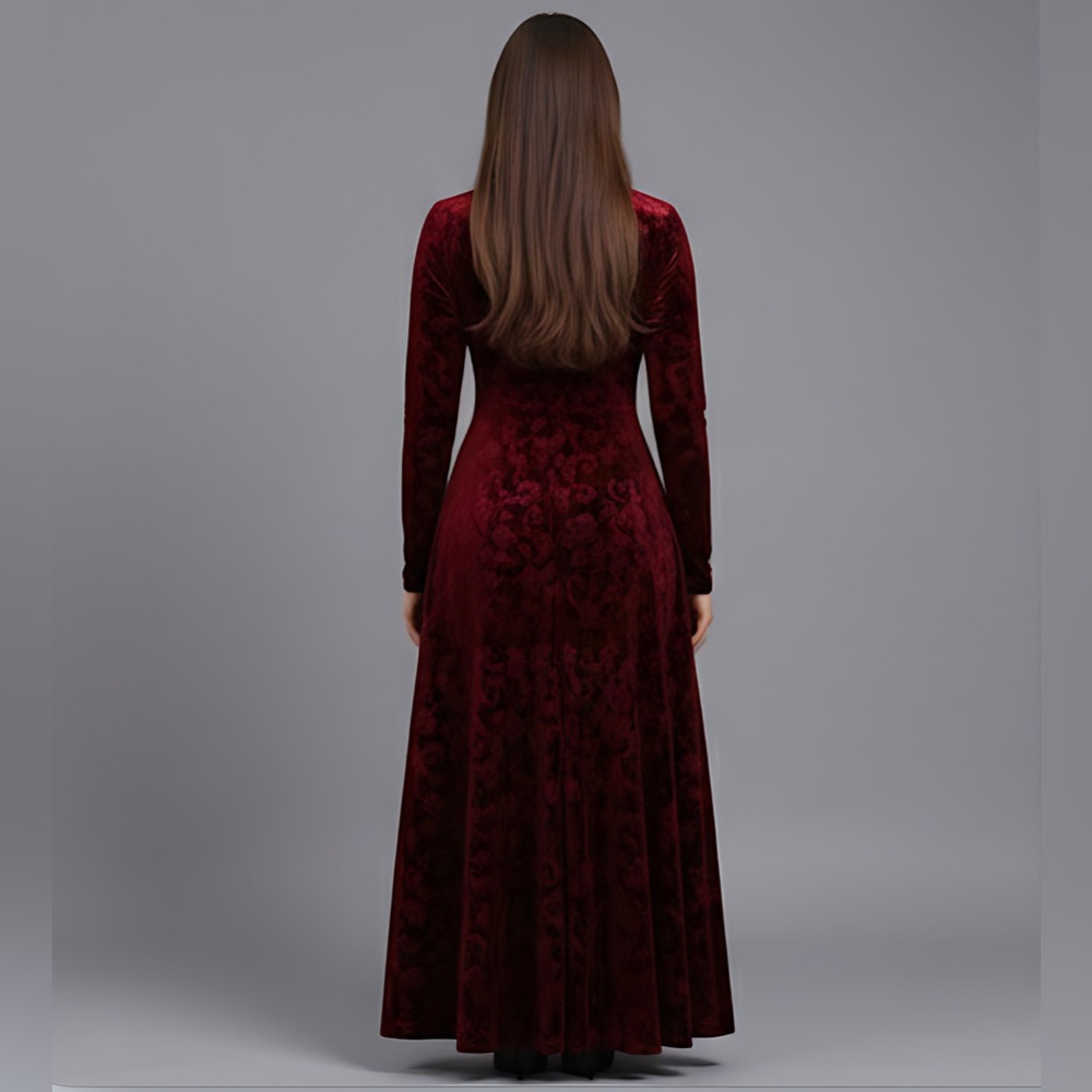 Burgundy  V-Neck Velvet Long Sleeve Dress - Picture 3 of 10